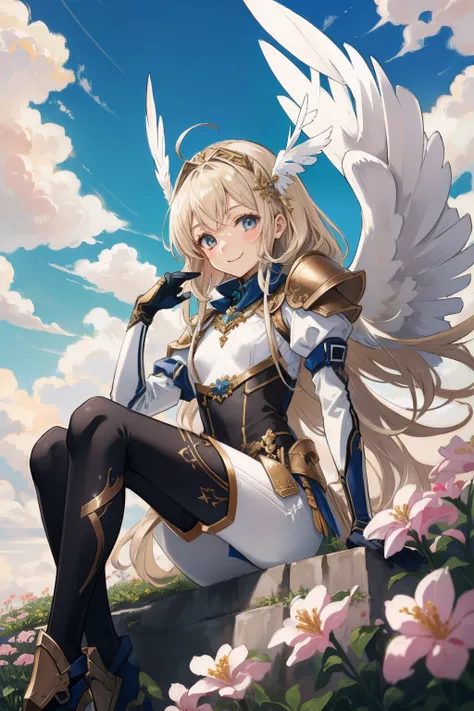 (​master piece, Best Quality),  Intricate details, valkyrie, (((friendly smile))), Hand up, Looking at Viewer, Feather Headgear, Flower meadow, (((flat breast)))  on top of the clouds, sitting
1 girl in, Solo, Portrait, ash Blonde Hair, drooping  eyes, Sin...