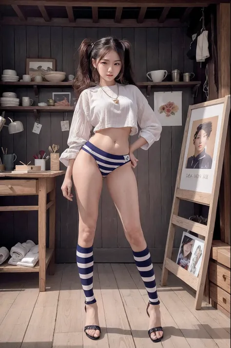 there is a woman posing in a short skirt and striped stockings, korean girl, attraktive pose, a hyperrealistic schoolgirl, prett...