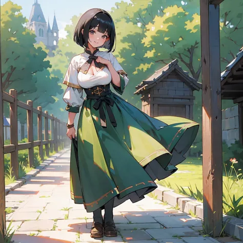 With the best image quality、Teenage girl standing alone outdoors。In high resolution、Beautiful fine details、tranquil atmosphere。((Black Hair Bob Hair))、Cute smile。(((breasts are large)))、I dont have anything in my hands、realistic hand、Medieval European nati...