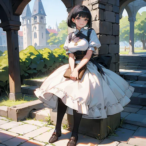 With the best image quality、Teenage girl standing alone outdoors。In high resolution、Beautiful fine details、tranquil atmosphere。((Black Hair Bob Hair))、Cute smile。(((breasts are large)))、I dont have anything in my hands、realistic hand、Medieval European nati...