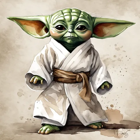 (adorable baby Yoda:1.2) posando en taekwondo, vestido con su dobok