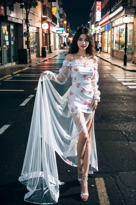 Realistic, RAW photo, DSLR, film grain, Fuji XT3, night scene, (1girl:1.4) (full body:1.3), goddess, close-up, (curly hair, long hair), (thigh,off shoulder:1.2), ([:see-through:4]:1.4) (red floral print hanfu:1. 1), tight dress, large breasts, (deserted st...