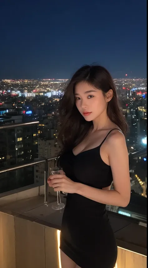 ((mid night、top-quality、8k、​masterpiece:1.3)), full bodyesbian, long legged, foco nítido:1.2, Beautiful woman with perfect body shape:1.4, Slender Abs:1.1, ((dark brown  hair、huge tit:1.2)), (barechested、is standing:1.2), ((Night City View、On the rooftop:1...