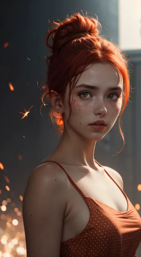 Beautiful [woman with fiery red, messy bun hairstyle] and ((sparks behind)) his, in the style of Alessio Albi, bokeh, [light white and dark orange], dotted, uhd image, serene faces