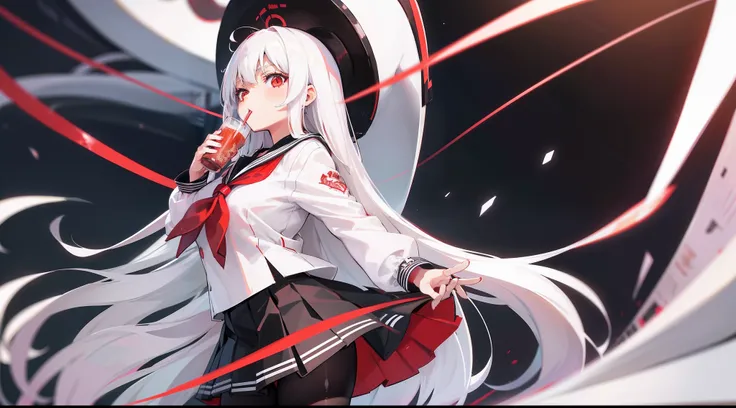 long  white hair, Red eyes, Black pleated skirt，Inside was a white sailor suit，Wearing black pantyhose, Plump body, An anime character, Only one person，Drinking brown drinks on the street