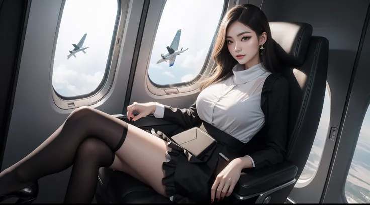 South Korean beauties,（（Exquisite makeup））,Bright eyes,（（Young and beautiful））,Move，（33-year-old mature woman：1.3），（flightattendantuniform, black cloaths：1.2, transparent white shirt：1.2, Silk scarf, Silver square stud earrings：1.2, Medium ruffle skirt：1.3...