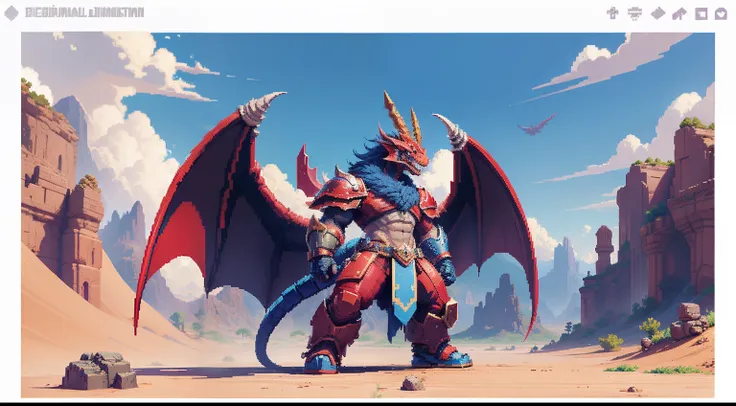 drak，Humanity，warrior，Dragon slaying，combats，A desert，blue-sky，baiyun，depth of fields，Dragon pixel art, 1 0 0 0 x 1 0 0 0 pixel art, pixel art sprite, videogame sprite, high quality pixel art, Pixel art vintage Digimon bitmap, For red and blue Digimon，Pixe...