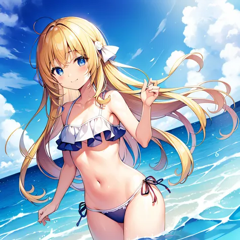 top-quality、extremely delicate and beautiful、Elementary school girls、5th grade elementary school、The bikini、(Lower body bikini)、mesugaki、A smile、a blond、Brown skin、The background is the sea、is standing、Twin-tailed