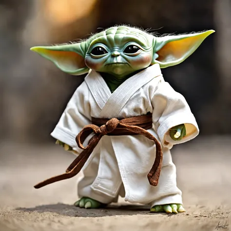 (adorable baby Yoda:1.2) posando en taekwondo, vestido con su dobok