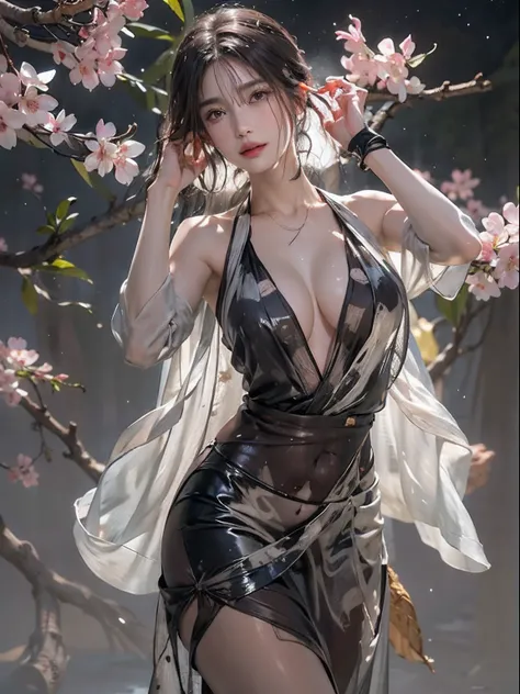 Photorealistic, High resolution, Soft light,1womanl, Solo, hips up high, glistning skin, (Detailed face),The tattoo, Jewelry, Dark see-through hanf, cherry blossom, Night, White wavy hair, Beautiful Soldier, An eye that invites the viewer, Lovers perspecti...