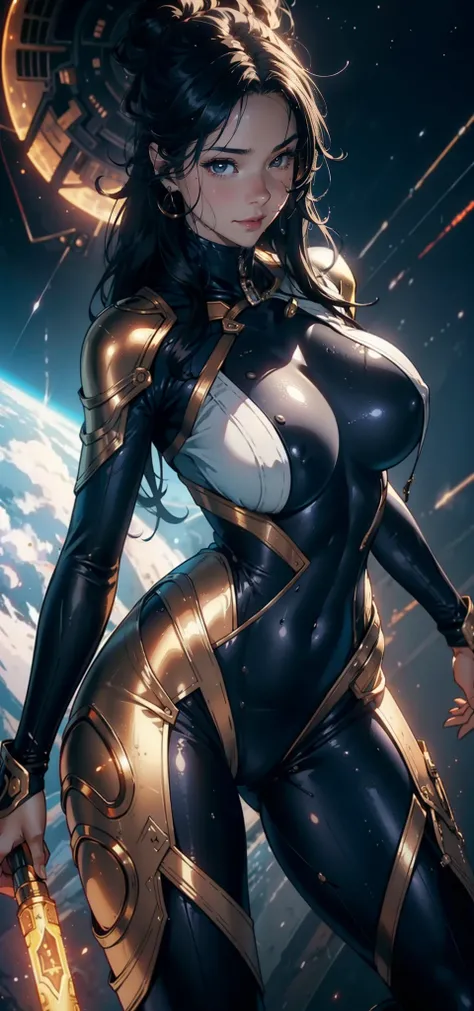 1female，35yo，A MILF，熟妇，huge tit，long leges，Big breasts Thin waist， 独奏，（Background with：space，space ship，Artificial satellite，） She has long black hair，Stand on a spaceship，Sweat profusely，drenched all over the body，seen from the front， hair straight， mostl...