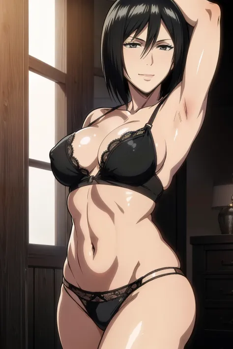 Dazzling, Armpits, intricate detailes, 1girl in, Mikasa Ackerman, (A dark-haired:1.3), hair between eye, short-haired, sideburns, s lips, shut, Yui, s lips, ​masterpiece, best qualtiy, hason, Baezon, Black eyes,Black eyes, muscle, medium breasts, gently sm...