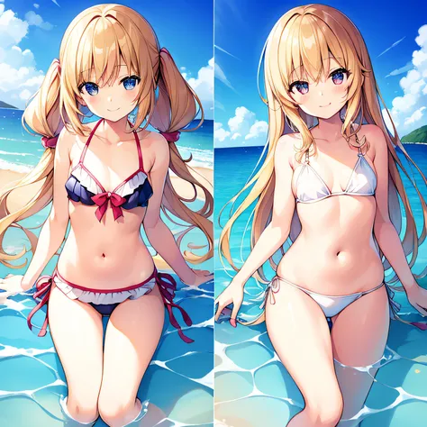 top-quality、extremely delicate and beautiful、Elementary school girls、5th grade elementary school、The bikini、(Lower body bikini)、mesugaki、A smile、a blond、Brown skin、The background is the sea、is standing、Twin-tailed