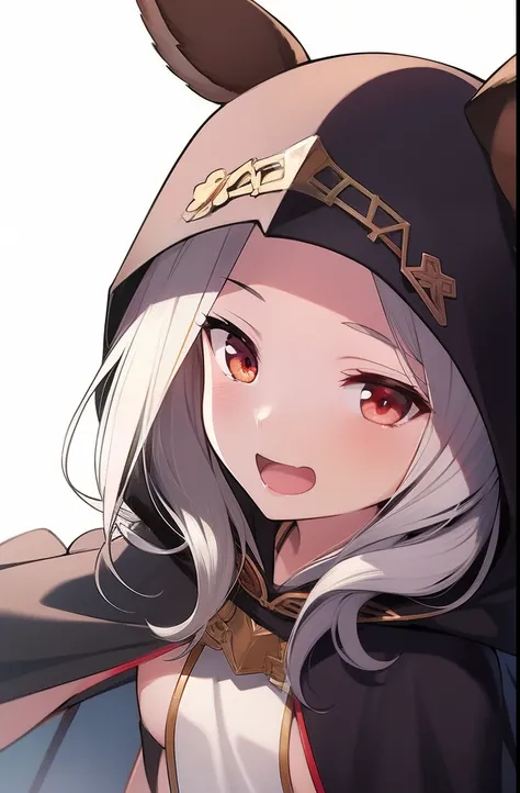 1girl, animal_ears, blush, cat_ears, cloak, commentary_request, ears_through_headwear, granblue_fantasy, hood, hooded_cloak, long_hair, makihitsuji, open_mouth, red_eyes, scathacha_(granblue_fantasy), silver_hair, simple_background, solo, squiggle, upper_b...