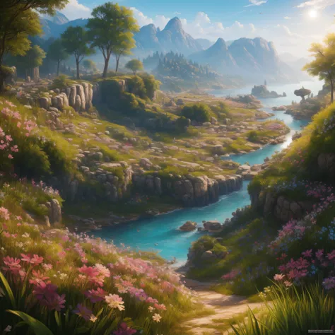 "Floresta densa a noite, natural lighting, oil painting, detailed matte painting, cores vivas, cores fortes, muita variedade de flores, multicolorido, Assassins Creed Odysseys flora."