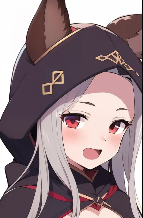 1girl, animal_ears, blush, cat_ears, cloak, commentary_request, duplicate, ears_through_headwear, granblue_fantasy, hood, hooded_cloak, long_hair, makihitsuji, open_mouth, pixel-perfect_duplicate, red_eyes, scathacha_(granblue_fantasy), silver_hair, simple...