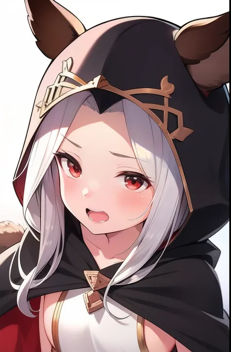 1girl, animal_ears, blush, cat_ears, cloak, commentary_request, duplicate, ears_through_headwear, granblue_fantasy, hood, hooded_cloak, long_hair, makihitsuji, open_mouth, pixel-perfect_duplicate, red_eyes, scathacha_(granblue_fantasy), silver_hair, simple...