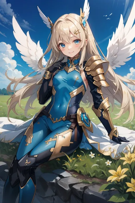 (​master piece, Best Quality),  Intricate details, valkyrie, (((beaming smile))), Hand up, Looking at Viewer, Feather Headgear, Flower meadow, (((flat breast)))  on top of the clouds, sitting
1 girl in, Solo, Portrait, ash Blonde Hair, drooping  eyes, Sing...