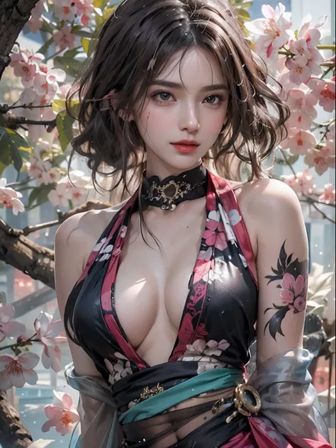 Photorealistic, High resolution, Soft light,1womanl, Solo, hips up high, glistning skin, (Detailed face),The tattoo, Jewelry, Dark Latex Halter Neck, cherry blossom, Night, White wavy hair, Beautiful Soldier, An eye that invites the viewer, Lovers perspect...