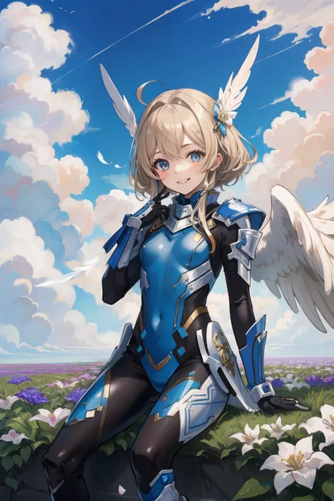 (​master piece, Best Quality),  Intricate details, valkyrie, (((beaming smile))), Hand up, Looking at Viewer, Feather Headgear, Flower meadow, (((flat breast)))  on top of the clouds, sitting, 18yo
1 girl in, Solo, Portrait, ash Blonde Hair, drooping  eyes...