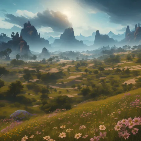 "Floresta densa a noite, natural lighting, oil painting, detailed matte painting, cores vivas, cores fortes, muita variedade de flores, multicolorido, Assassins Creed Odysseys flora, Horizon Zero Dawns flora."