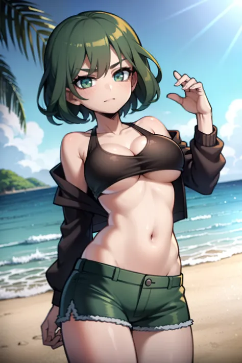 dark green hair, crop top, underboobs, shorts, on a beach