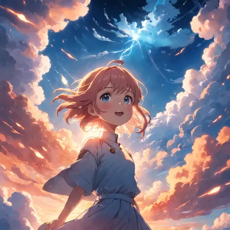 masterpiece, best quality, movie still, 1girl, cloud girl, floating in the sky, close-up, bright, happy, warm soft lighting, sunset, (sparks:0.7)