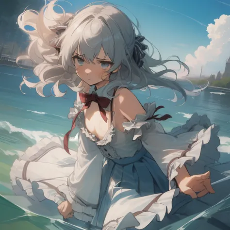 ((masterpiece)), (((best quality))), ((ultra-detailed)), ((illustration)), ((disheveled hair)), ((frills)), (1 girl), (solo), dynamic angle, big top sleeves, floating, beautiful detailed sky, on beautiful detailed water, beautiful detailed eyes, overexposu...