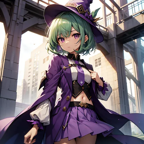 top-quality、extremely delicate and beautiful、(A teenage girl)、Purple Eye、Green hair、short-haired、(Purple pointy hat)、Purple tie、Soio、shortsleeves、Purple skirt、Purple Wizard Robe、Navel、is standing