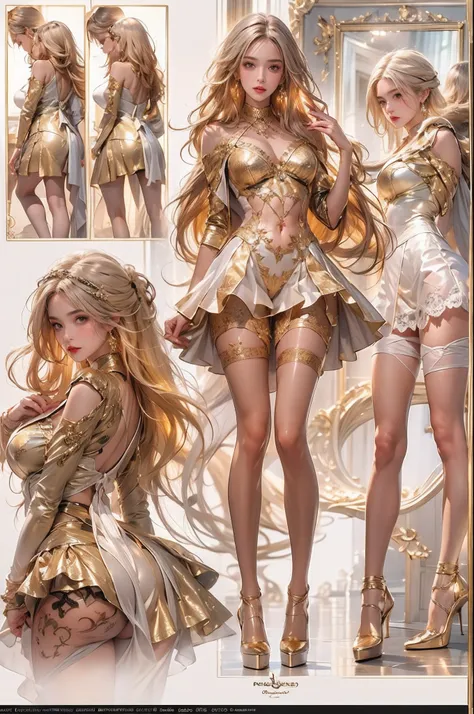 ((Masterpiece, Highest quality)), Detailed face, CharacterDesignSheet，full bodyesbian, Full of details, Multiple poses and expressions, Highly detailed, Depth, Many parts，beuaty girl，cinmatic lighting，with light glowing，golden colored，Lace，lacepantyhose，hi...