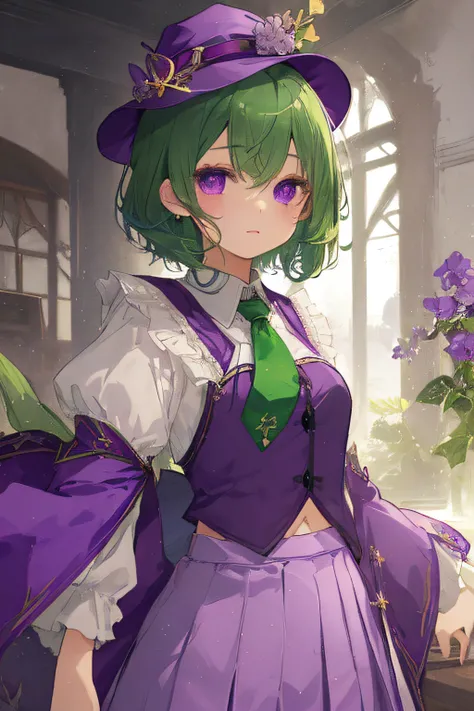 beautiful illustration、top-quality、
top-quality、extremely delicate and beautiful、(A teenage girl)、Purple eye、Green hair、short-haired、(Purple pointy hat)、Purple tie、soio、shortsleeves、Purple skirt、Purple Wizard Robe、Navel、is standing