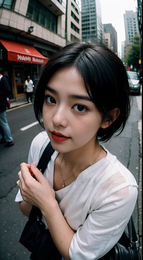 teens girl，Camera in hand，Hand forward，（Suitcase），gentle and cute，short detailed hair，the city street，Fisheye view，Sex life