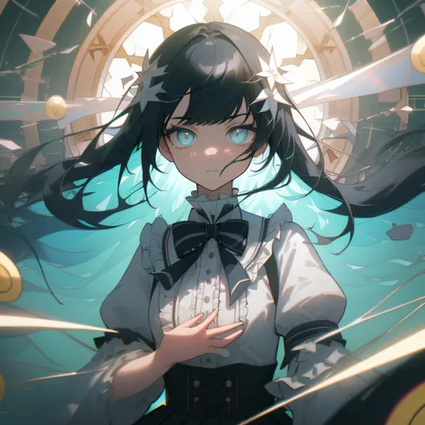 ((illustration)), ((floating hair)), ((chromatic aberration)), ((caustic)), lens flare, dynamic angle,  ((portrait)),  (1 girl), ((solo)), cute face, ((hidden hands)), asymmetrical bangs, (beautiful detailed eyes), eye shadow, ((huge clocks)),  ((glass str...