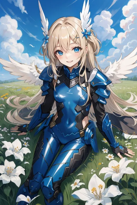 (​master piece, Best Quality),  Intricate details, valkyrie, (((happy smile))), Hand up, Looking at Viewer, Feather Headgear, Flower meadow, (((flat breast)))  on top of the clouds, sitting, 22yo
1 girl in, Solo, Portrait, ash Blonde Hair, drooping  eyes, ...