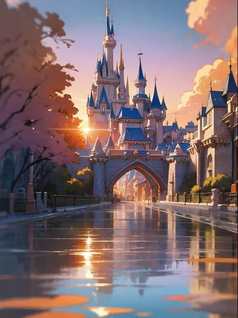 top-quality, hight resolution, detailed, blonde hair, Long braid, Drawn by an anime studio, (background : Disneyland, sunset), (masterpiece:1.3), (vibrant:1.2), (flawless art:1.2)