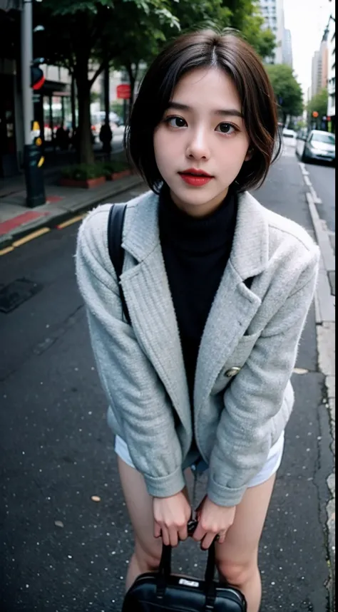 teens girl，Camera in hand，Hand forward，（Suitcase），gentle and cute，short detailed hair，the city street，Fisheye view，Sex life