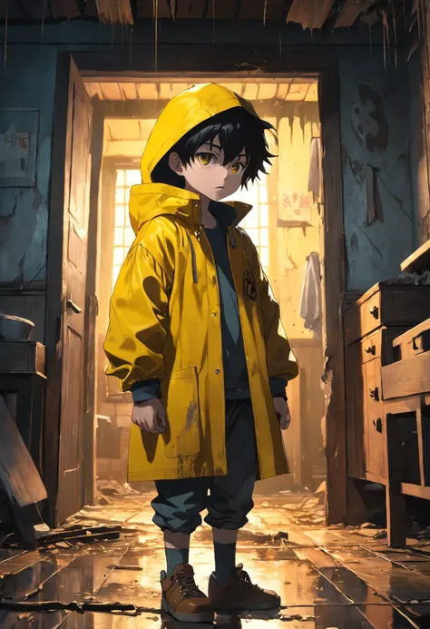 Focuses on a young boy wearing a long yellow raincoat，Facing a dilapidated horror house ,Cinematic,Realistic, Highly detailed, ultra - detailed,4K, photograph realistic, trending on artstration.