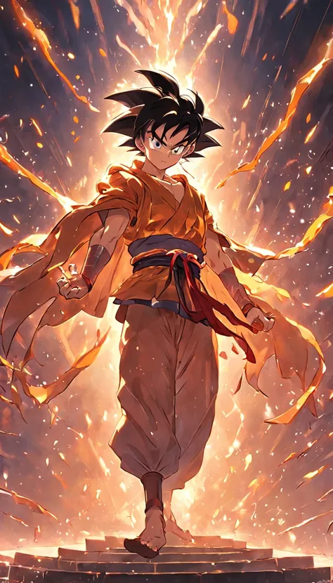 Son Goku, Fight over Buddha, Shining with Gods eyes, Black monkey hair, Dexterous hands, Strong body, Golden chain mail, Fire-red cloak, Golden Hoop Stick, Clouds and rain, Courage and strength, Wisdom and compassion, heroic fighter, Smart and kind, Weak p...