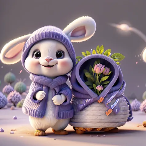 A rabbit, Holding a basket of flowers，Clear hair, Bunny, Carrot,Exaggerated laughter，ssmile， Nature, No_Humanity, Depth of field, to8contrast style, Dark_glam, wearing DRK_glam, Deep shadows, (Dark: 1.4), (8K, RAW photo, Best quality, Masterpiece: 1.2)