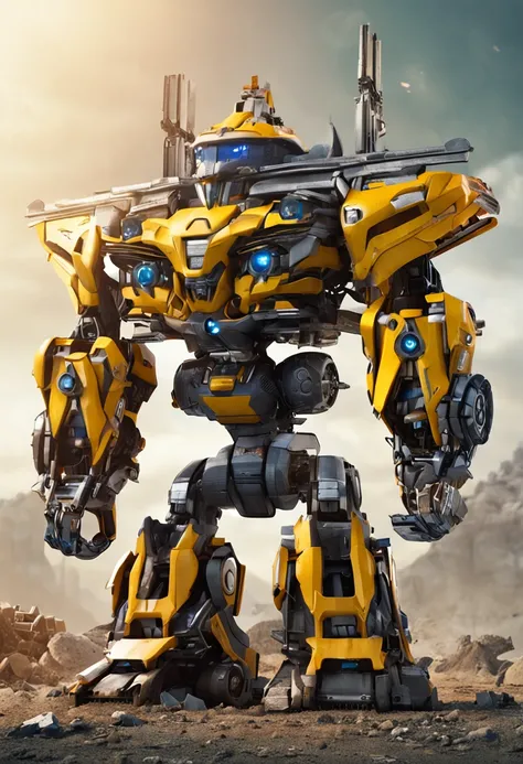 Q version of the mechanical character，Stand up，Transformers Hercules，without background，Bumblebee appearance，Construction vehicle combination