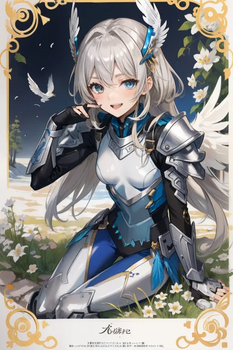 (​master piece, Best Quality),  Intricate details, valkyrie, (((laugh))), Hand up, Looking at Viewer, Feather Headgear, Flower meadow, (((flat breast))) sitting, 22yo, 
1 girl in, Solo, Portrait, ash Blonde Hair, drooping  eyes, Single Thigh, silver Indepe...