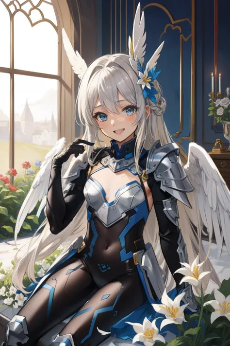 (​master piece, Best Quality),  Intricate details, valkyrie, (((laugh))), Hand up, Looking at Viewer, Feather Headgear, Flower meadow, (((flat breast))) sitting, 22yo, 
1 girl in, Solo, Portrait, ash Blonde Hair, drooping  eyes, Single Thigh, silver Indepe...