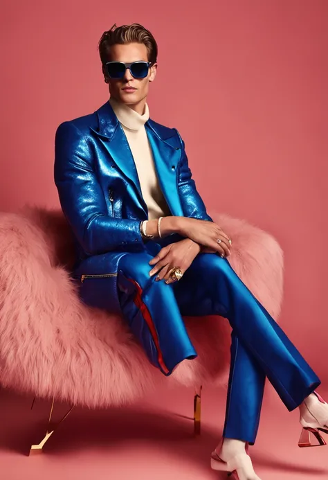 A striking image of Neels Visser confidently posing for the camera while wearing only a luxurious Fendi fur coat showing her torso and Dolce & Gabbana sunglasses, the background will be an atmosphere of gradient primary colors shot with a professional full...