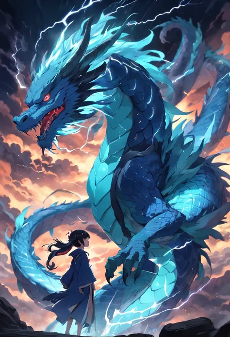 Chinese dragons have cyan scales，Exudes majesty. Its entire body is engulfed in enchanting lightning，Because it soars in mid-air.No Man