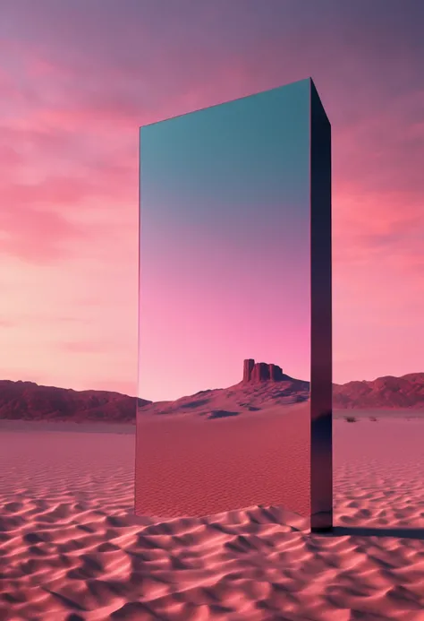 a mirror monolith standing in the desert, light blue and pink sky, surreal, digital art, photorealistic