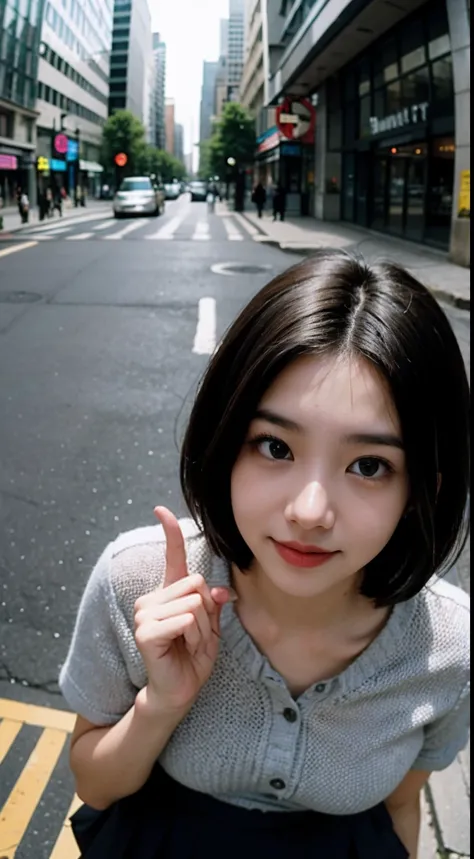 teens girl，Camera in hand，Hand forward，（Suitcase），gentle and cute，short detailed hair，the city street，Fisheye view