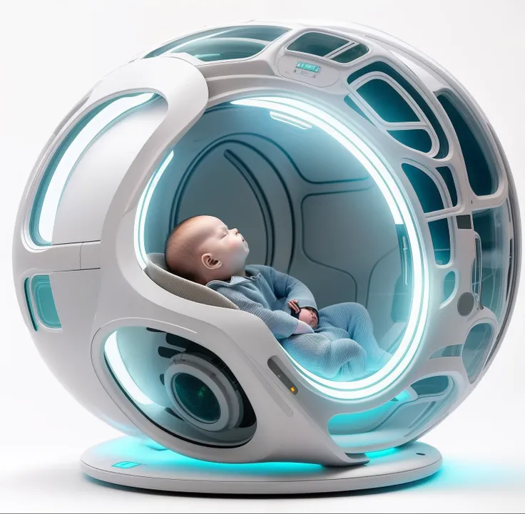 There was a baby in the glass ball，With the lights on, humans sleeping in healing pods, incubator medpods, futuristic and ethereal, future-tech, the image is futuristic, composition of and futuristic, Very futuristic, futuristic interior, futuristic design...