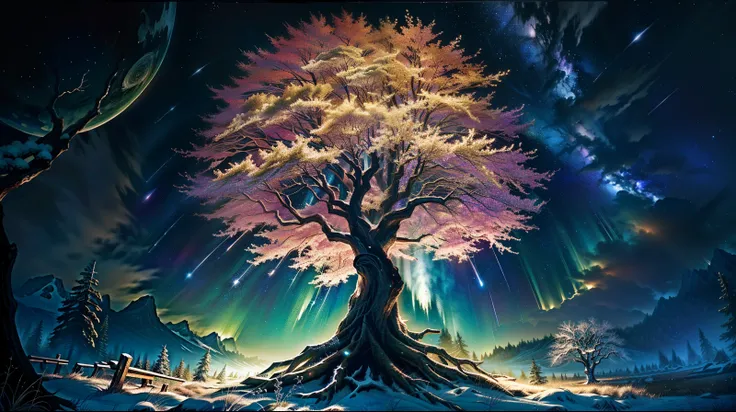 Night Forest，exquisitedetails，4K，hand painted style，Board painting，galactic，（Tree of Life），Stars and soothing meadows