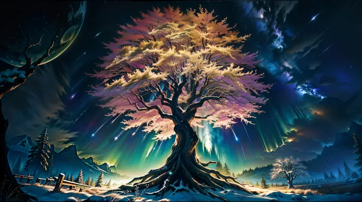 Night Forest，exquisitedetails，4K，hand painted style，Board painting，galactic，（Tree of Life），Stars and soothing meadows