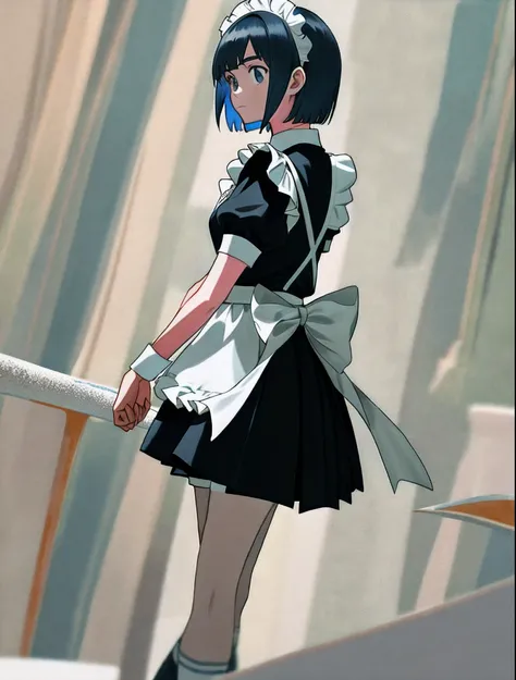 schoolgirls，Beth，the maid outfit，blue short hair，white skinned